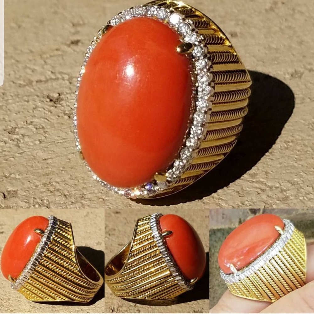 VINTAGE 1950's Coral,Diamond & Gold Cocktail Ring
